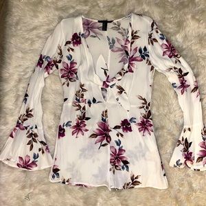 Long-sleeve floral print romper with tie-front